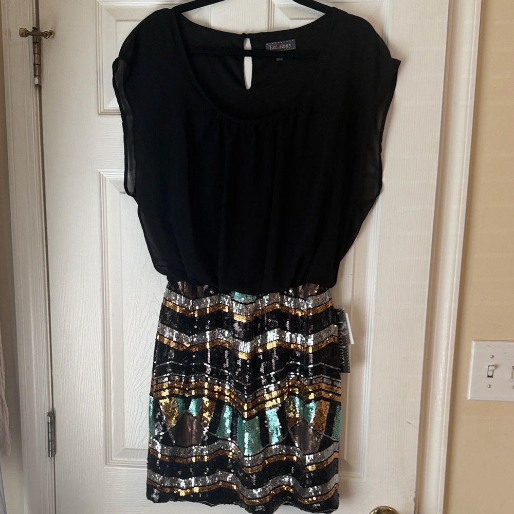 Luxology Black Mini Dress with Gold & Teal Sequin Skirt